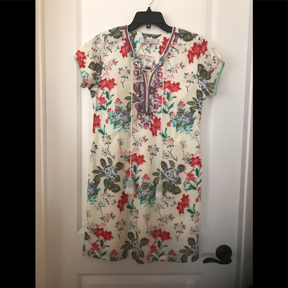 Bella Tu Ivory and Floral Cotton Shift Dress with Bead Embellishment NWT